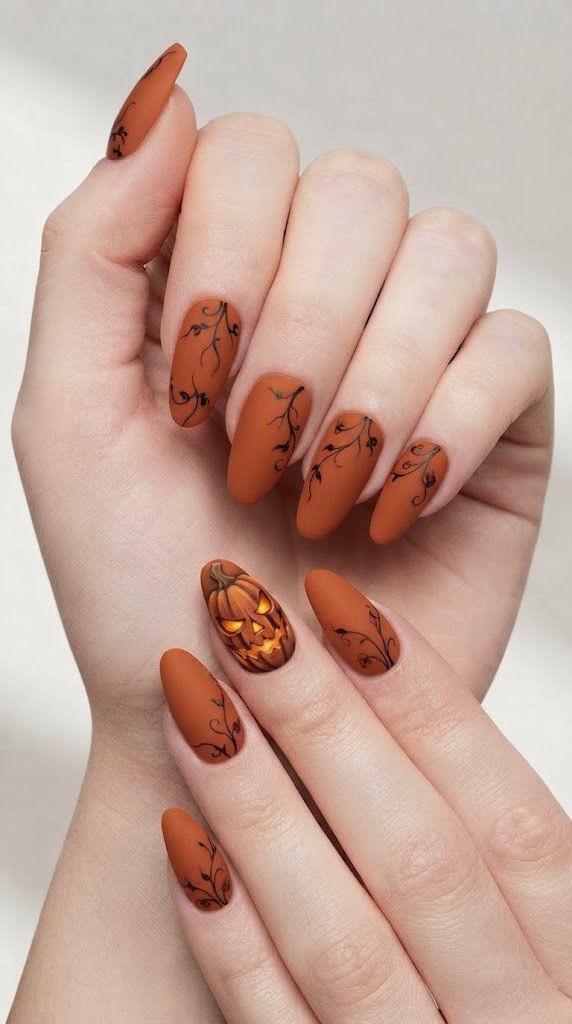 Coffin nail with raised 3D jack-o'-lantern face carved in pumpkin orange