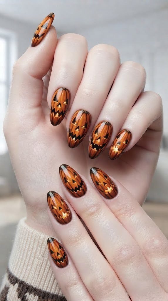 Pumpkin nail designs Halloween with close-up carved jack-o-lantern faces
