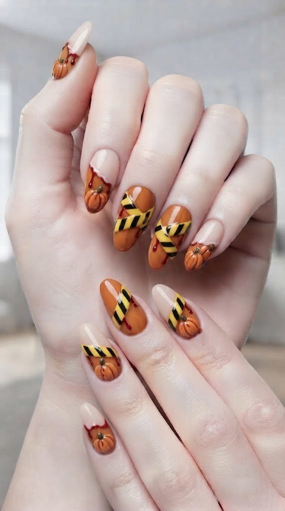 Yellow caution tape Halloween nail designs layered over a pumpkin patch base