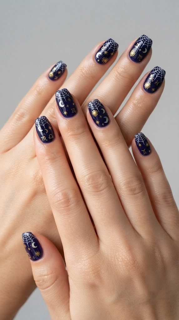 Deep indigo coffin nails with gold astrological symbols and silver moons
