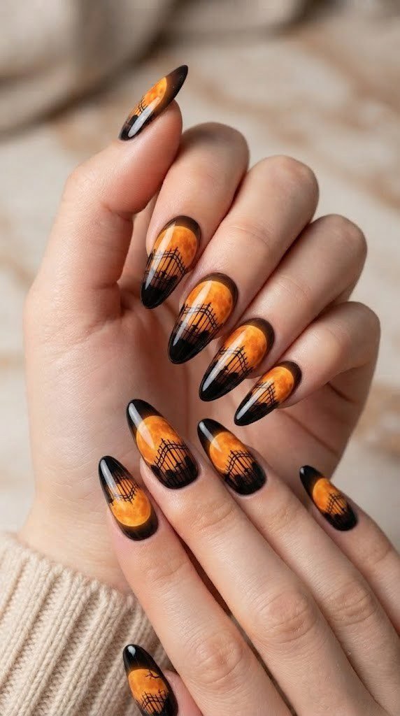 Cemetery gate and full moon october nails with gothic silhouette art