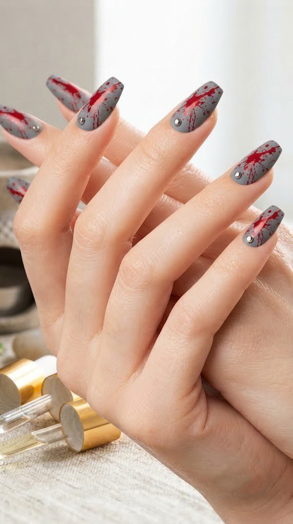 Concrete-gray nails with crimson splatter, a gritty, easy Halloween nails idea