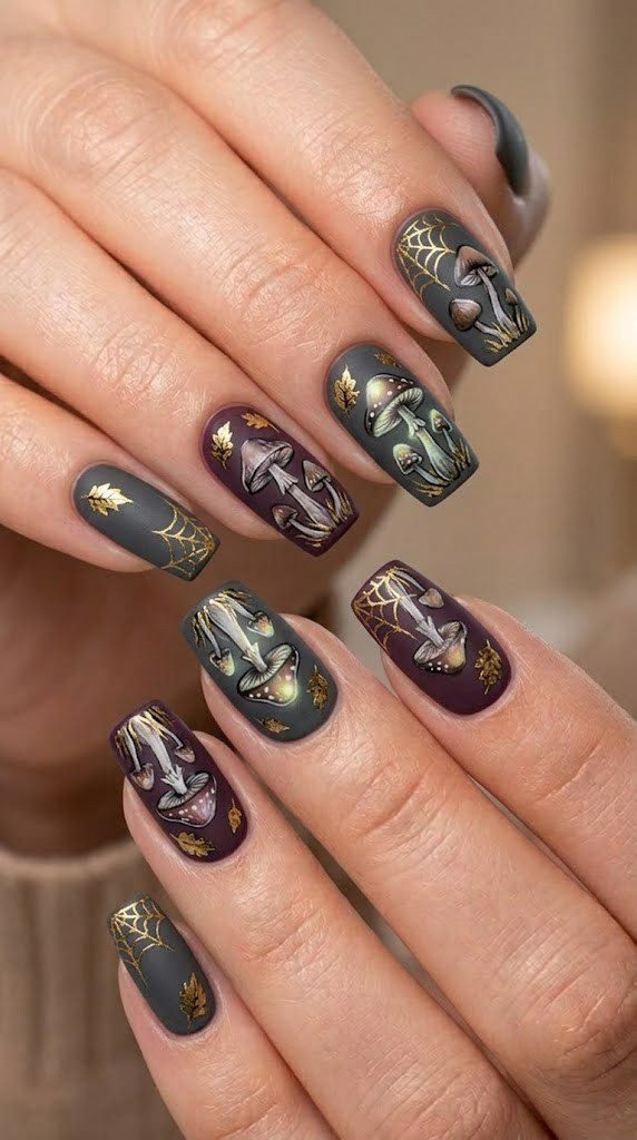 Matte charcoal and plum nails with mystical mushroom illustrations and gold spiderweb filigree