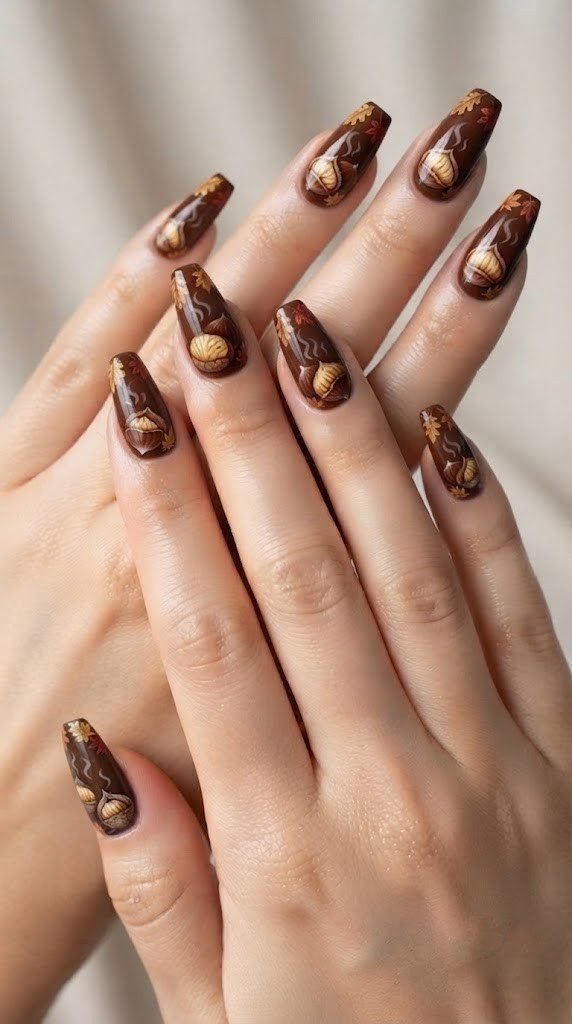 Chestnut roast autumn nail design with illustrated steam curls