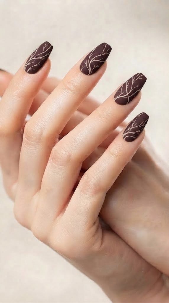 Chocolate plum nail design with fine-line branch motif