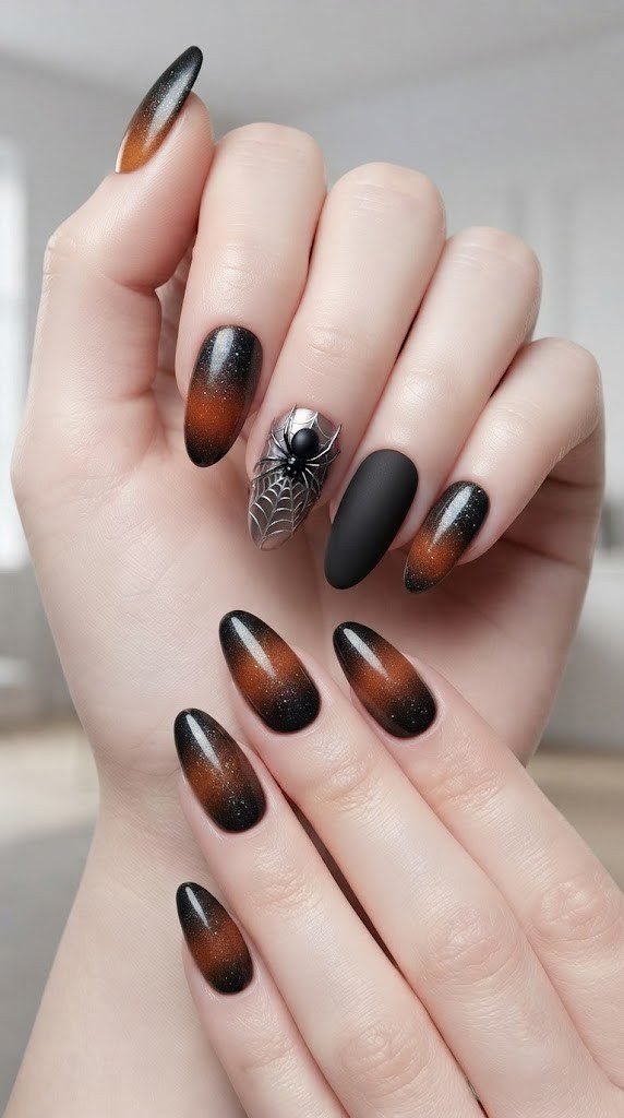 Spiderweb nail designs Halloween with a 3D chrome spider and liquid-chrome web