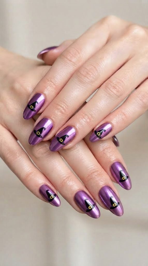 Metallic purple chrome nails with black witch hat icons, easy Halloween nails style