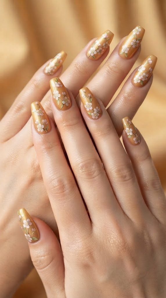 Coffin nails with apple blossoms on a honey gold orchard background