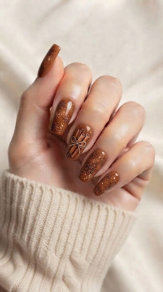 Cinnamon brown square nails with hand-painted cinnamon sticks and star anise