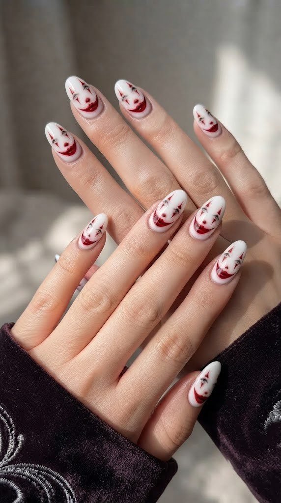 White circus facepaint Halloween nails with a bold red Joker smile