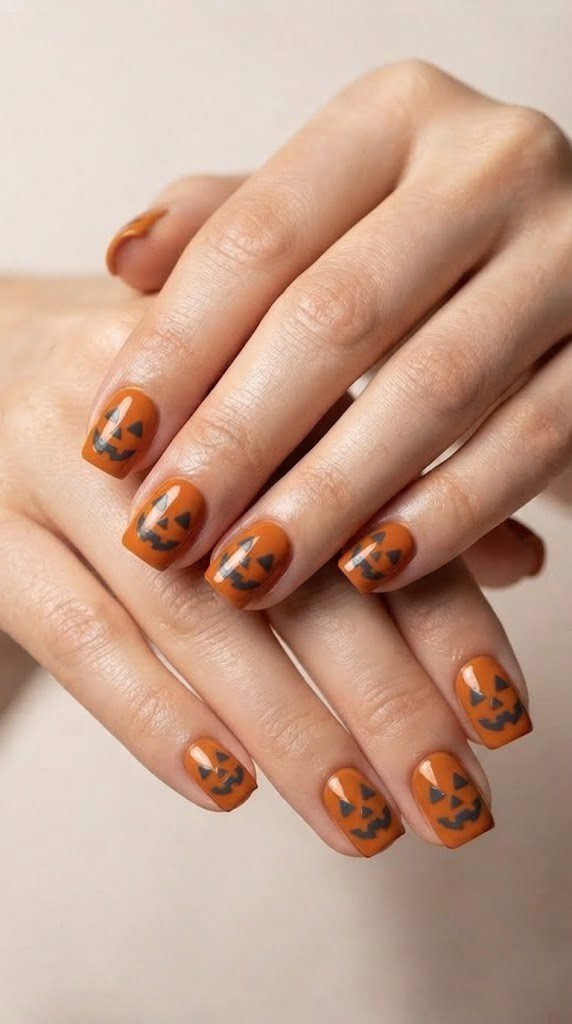 Rich pumpkin orange square nails with carved jack-o-lantern face art