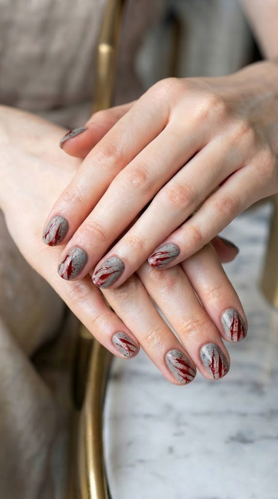 Concrete-grey short Halloween nails scratched with glossy red claw marks