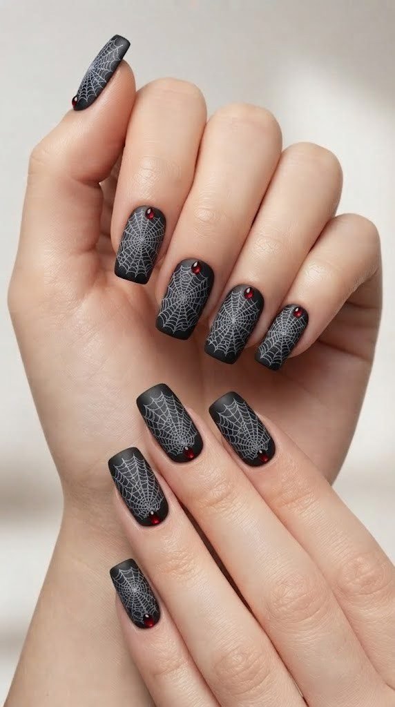 Matte obsidian black square nails with white lace cobweb stamping detail