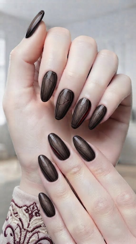 Espresso-brown coffin lid Halloween nails cracked open with a red glow inside