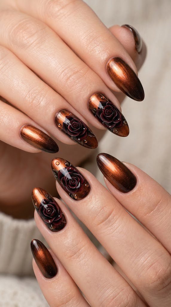 Metallic copper and espresso brown nails with velvet black gothic rose illustrations