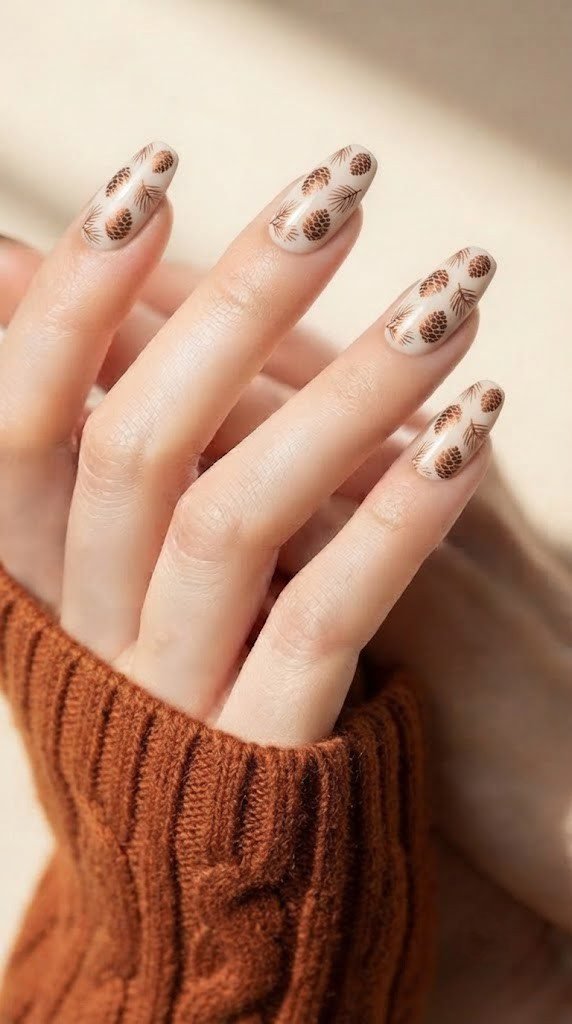 Cream almond nails with hand-painted copper pinecones for fall nail designs