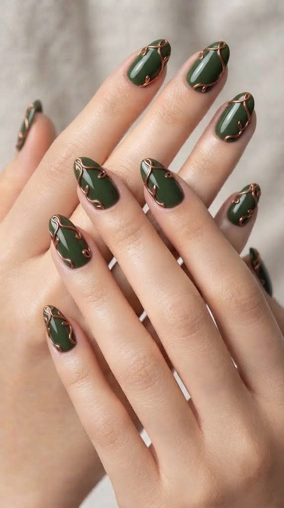 Copper vine wrap nail design on moss green base