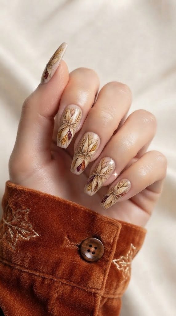 Corn husk bundle fall nail art with gold and burgundy kernels