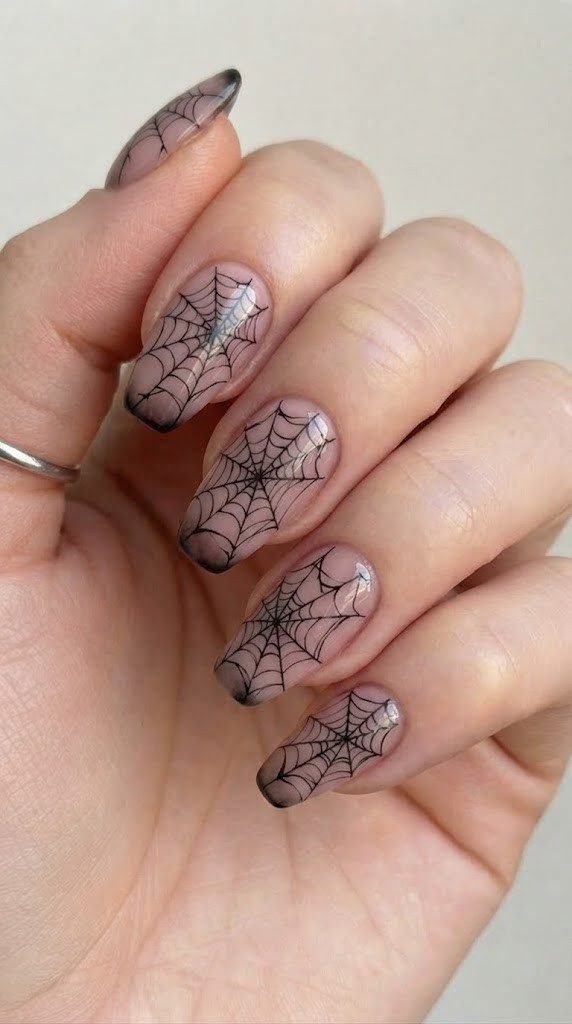 Rose quartz nails with a cracked porcelain doll effect, eerie short Halloween nails