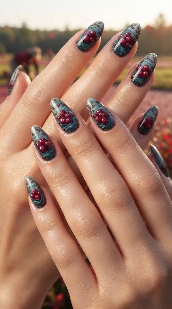 Cranberry bog harvest nail design in glossy ruby red