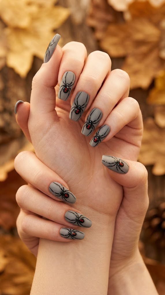 Creepy halloween nails with a hyper-realistic black widow spider