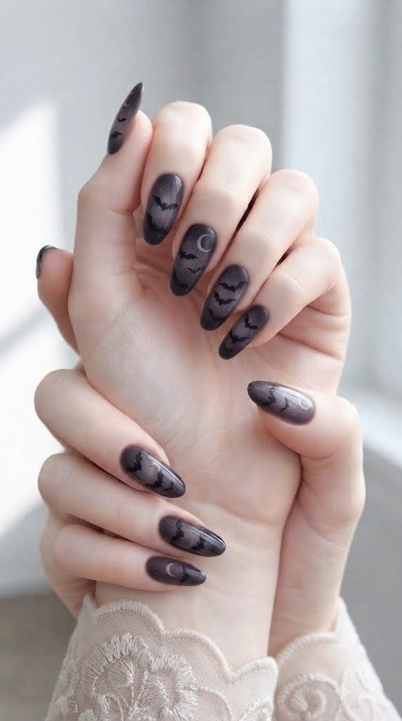 Smoky charcoal-plum Halloween nail designs with a crescent moon and bats