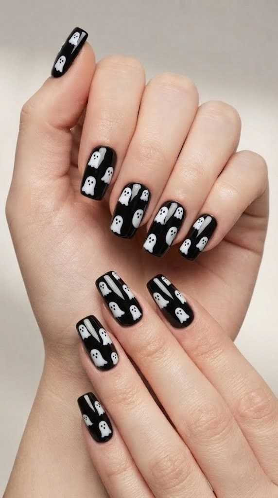 Glossy black square nails with hand-painted white sheet ghosts