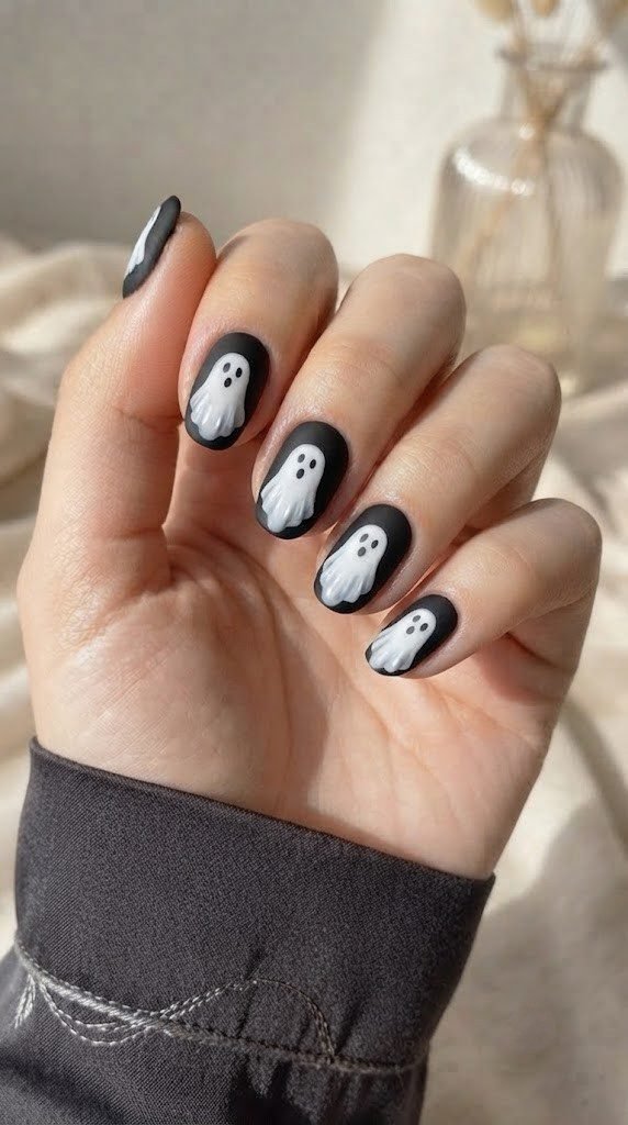 Jet-black coffin nails covered in cartoon-cute floating Halloween ghosts