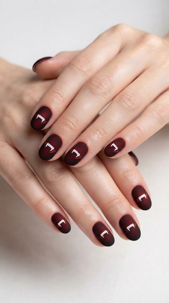 Blood-red vampire nail art featuring Dracula fangs and a red cape collar