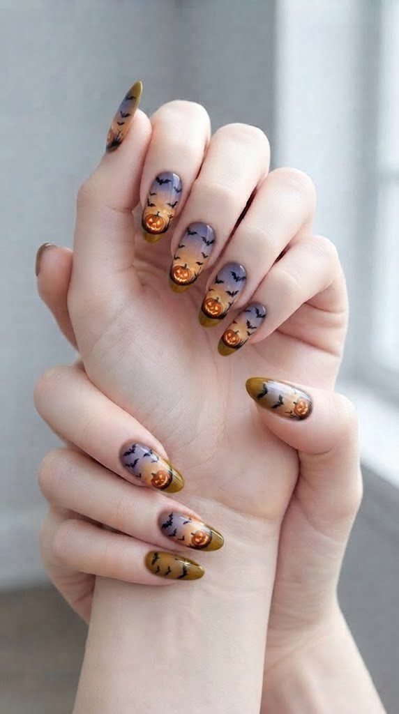 Deep mustard Halloween nail designs with black bat silhouettes at dusk
