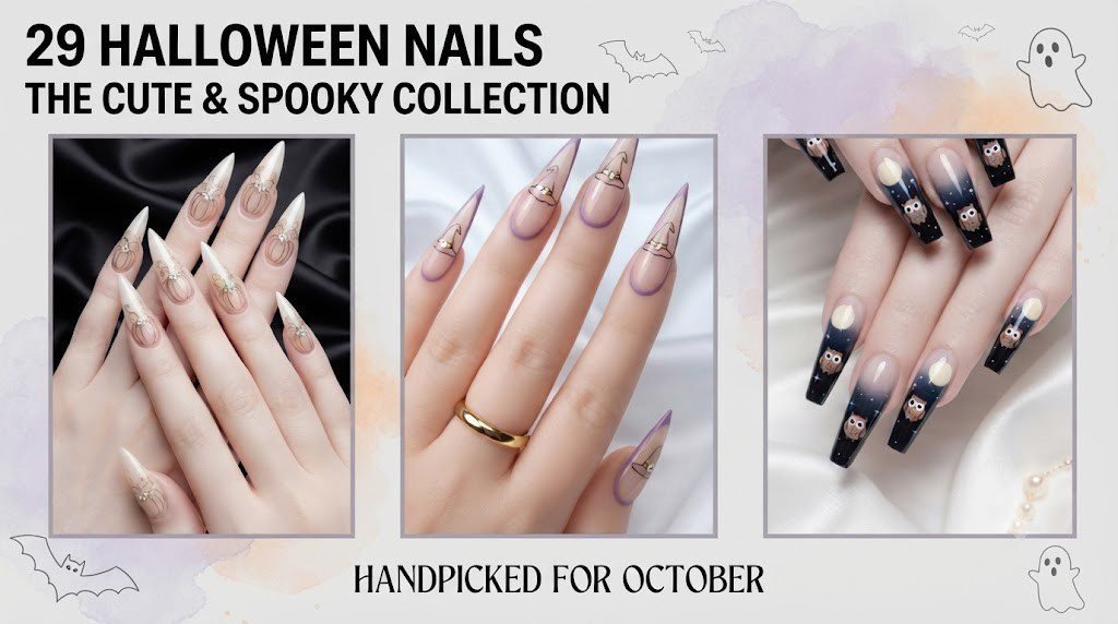 29 cute Halloween nails Pinterest banner with pumpkin, witch hat, and owl designs