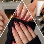 Halloween square nails collage featuring cat face, blood drip, and pumpkin art