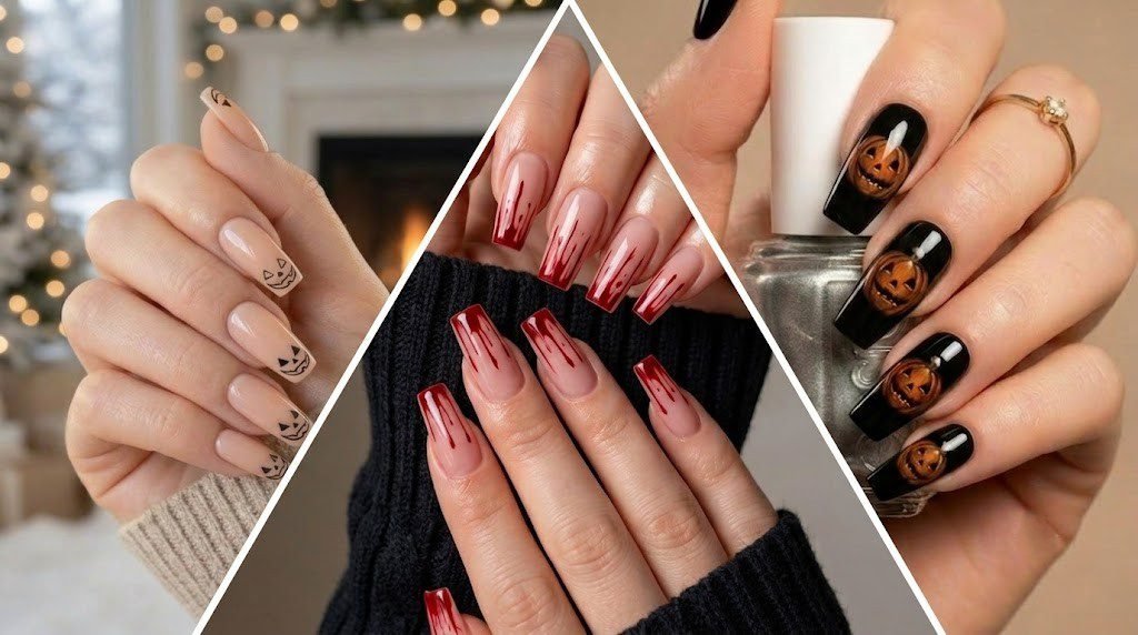 Halloween square nails collage featuring cat face, blood drip, and pumpkin art