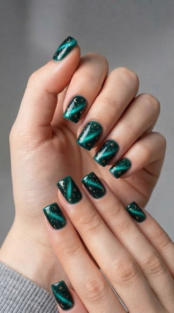 Emerald cat-eye chrome nails with gold constellation stars, spooky nails with shimmer