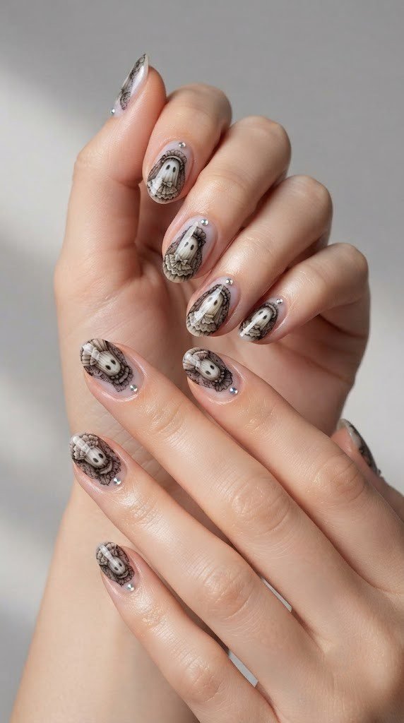 Opalescent nails with hand-painted Victorian ghost portraits behind lace veils