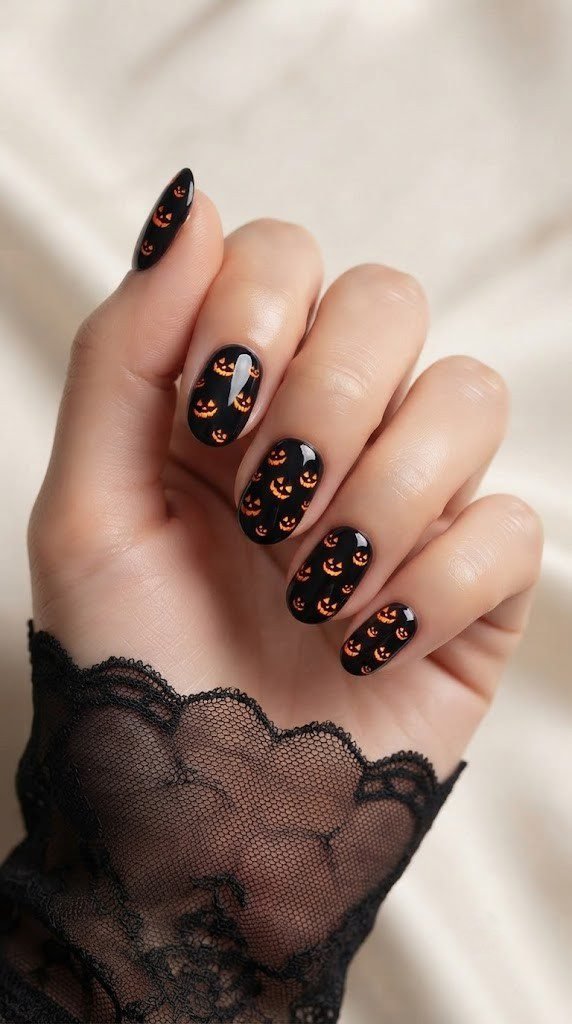 Inky black almond nails with glowing orange jack-o-lantern firefly detail
