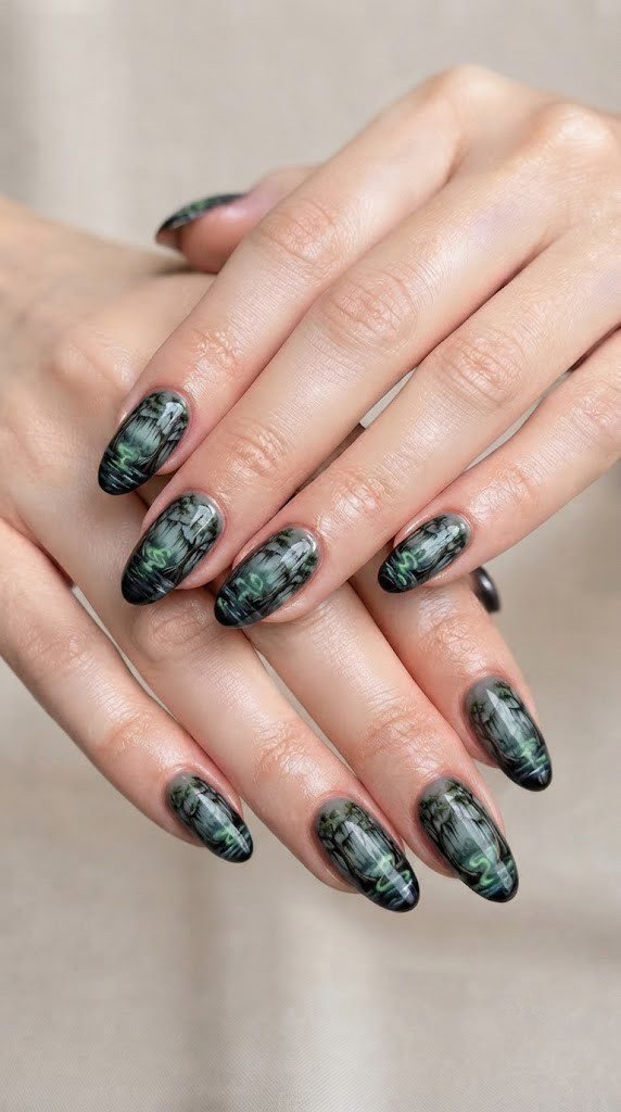 Ultra-short almond nails with foggy bayou cypress trees and green mist