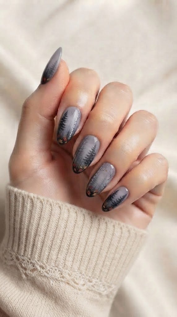 Oval nails with misty pine and birch silhouettes for a moody fall look