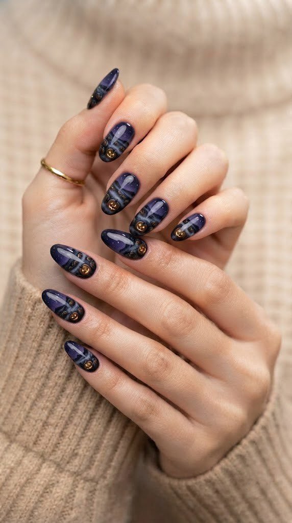 Watercolor pumpkin patch scenery with glowing jack-o-lanterns on short Halloween nails