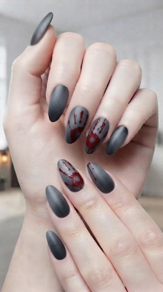 Charcoal fogged window Halloween nail art with a smeared crimson handprint