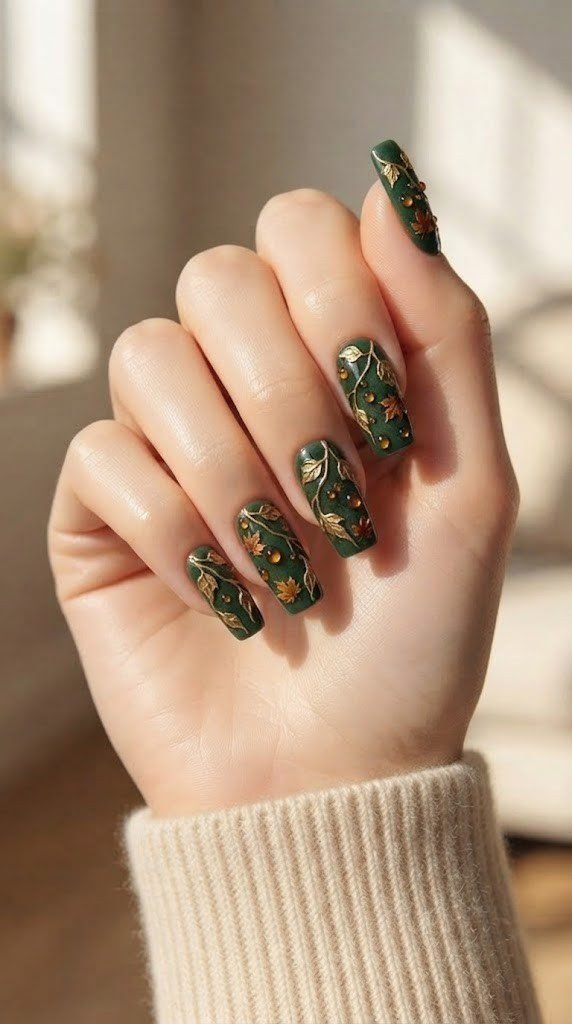 Forest green autumn nail design with 3D gold leaf ivy and amber dew drops