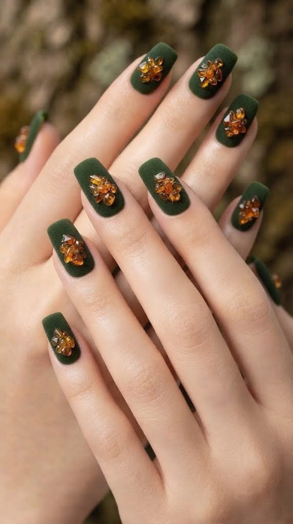 Forest moss green square nails with embedded crushed amber stone detail