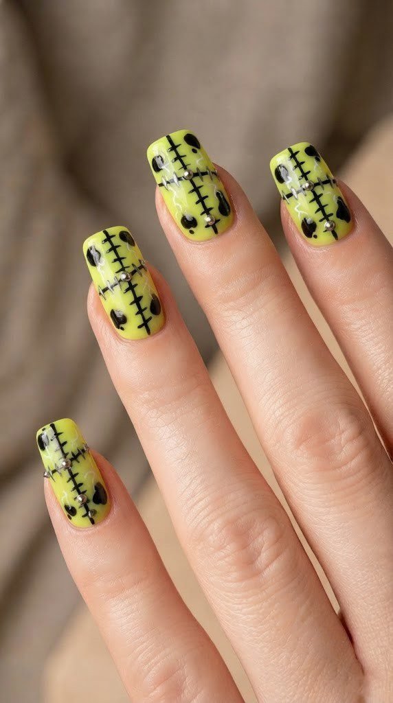 Neon chartreuse square nails with surgical stitch and silver bolt studs