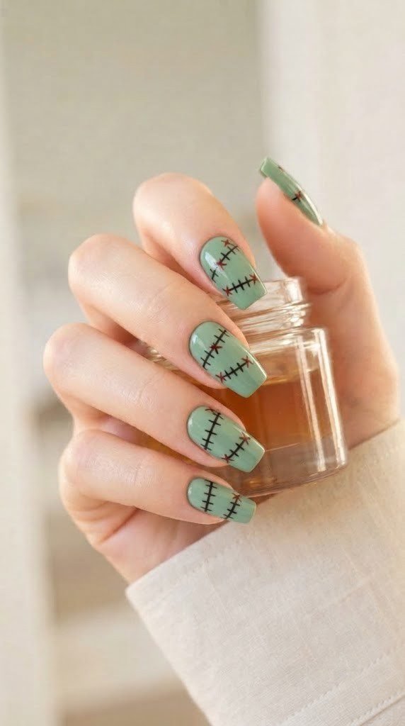 Hospital green square nails with black stitch lines and Halloween x marks