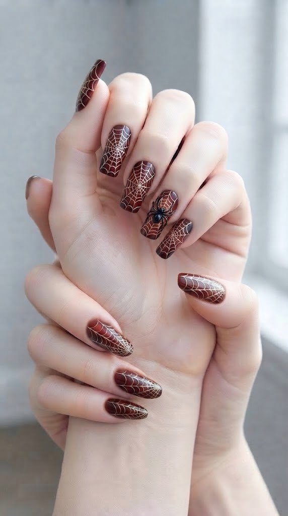 Aged burgundy Halloween nail designs wrapped in a full-hand spiderweb