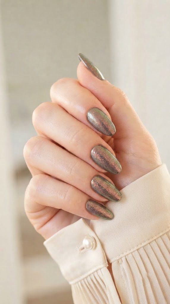 Metallic pewter nails with iridescent copper-green flake for fall nail designs