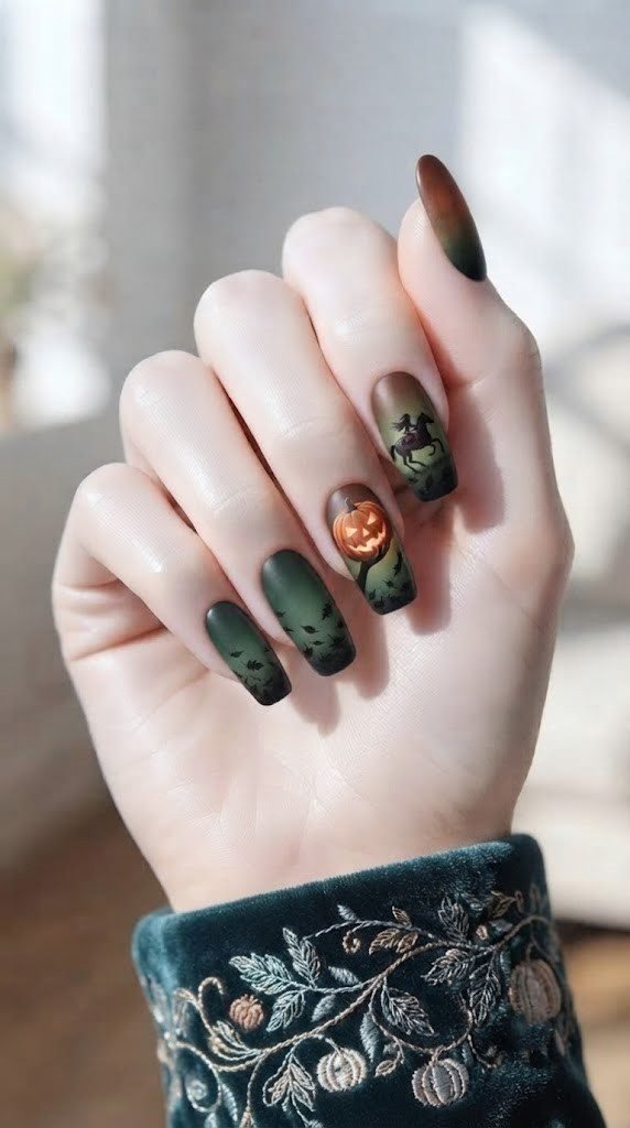 Forest-green Halloween nail designs with a galloping horseman silhouette