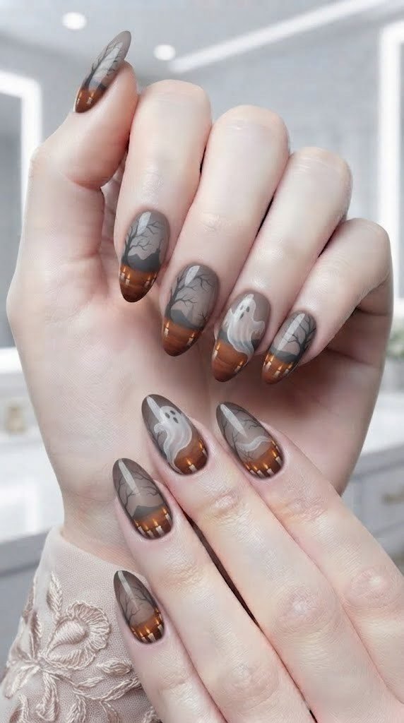 Translucent ghost Halloween nail design drifting through amber candle glow