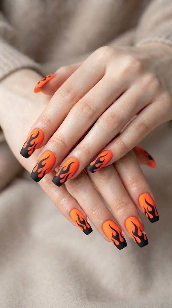 Japanese ghost fire wisp halloween nail designs in glowing orange tones