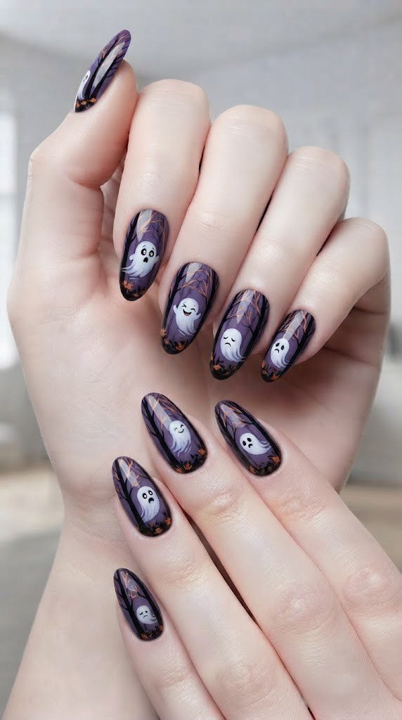 Ghost nail design Halloween with three ghosts drifting through an orange-tinted forest